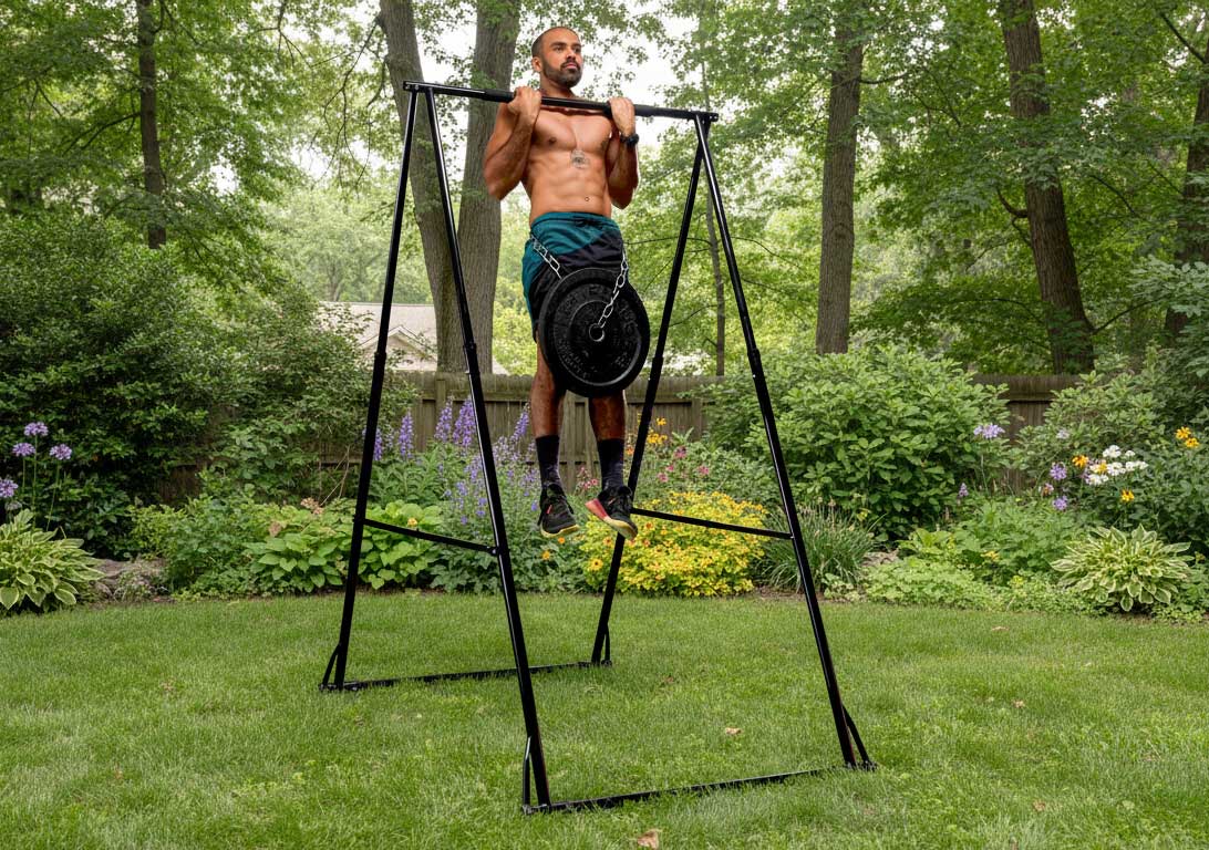 Foldable pull up bar stand set up for home workouts